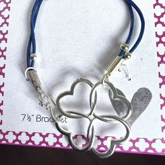 Women's 7.5" Pure Silver-Plated Bracelet with Two Thin Dark Blue Leather Strands - Picture 2 of 3